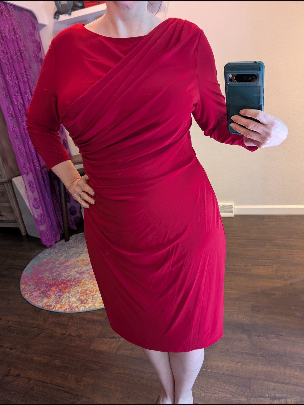 Chaps Jewel-Tone Red Midi Dress with Draped Bodice